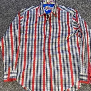 Robert Graham Red Stripe Check Button Down Shirt Flip Cuff 2XL Embroidered.